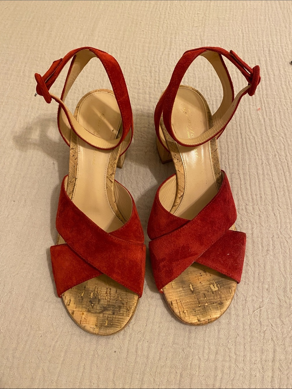 Gianvito Rossi Red Suede Crisscross Ankle-Strap Block Heel Sandals. Size 38.5